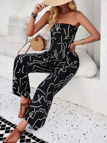 Women's Vacation Casual Random Printed Strap Backless Tube Top And Long Pants Set