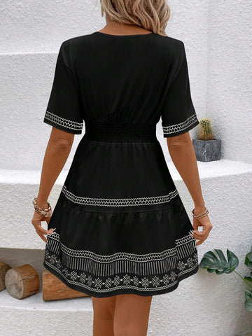Women's Vacation Casual V-Neck Printed Empire Waist Batwing Sleeve Dress