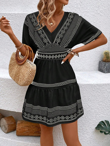 Women's Vacation Casual V-Neck Printed Empire Waist Batwing Sleeve Dress