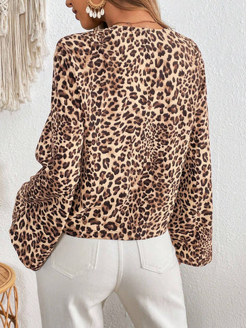 VCAY Women's Vacation Chiffon Leopard Print Open Front Long Sleeve Casual Shirt