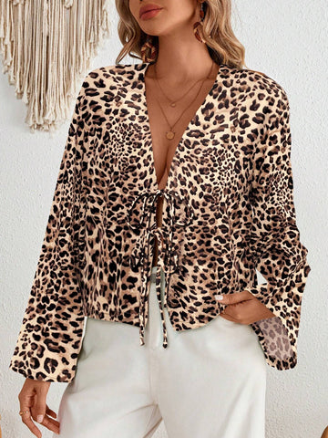 Clasi Women's Autumn Leopard Patchwork V-Neck Long Sleeve Elegant Blouse