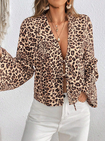 VCAY Women's Vacation Chiffon Leopard Print Open Front Long Sleeve Casual Shirt