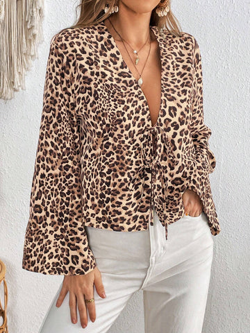 VCAY Women's Vacation Chiffon Leopard Print Open Front Long Sleeve Casual Shirt
