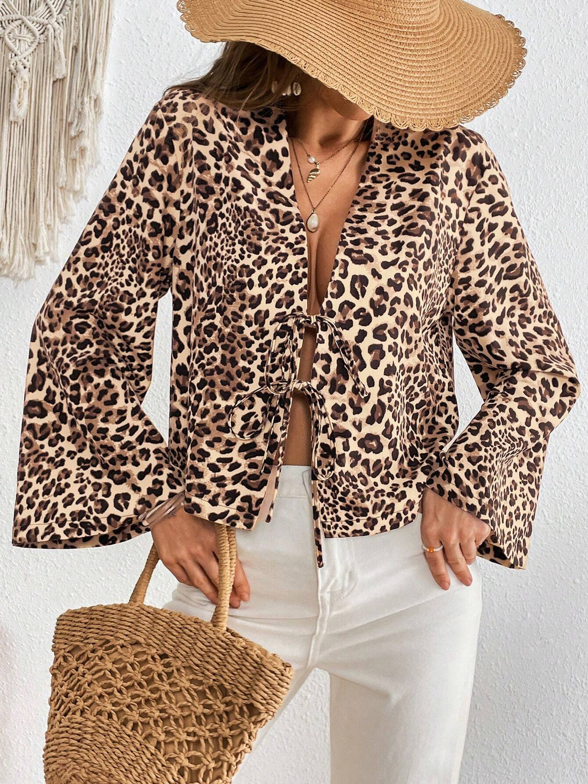 Clasi Women's Autumn Leopard Patchwork V-Neck Long Sleeve Elegant Blouse