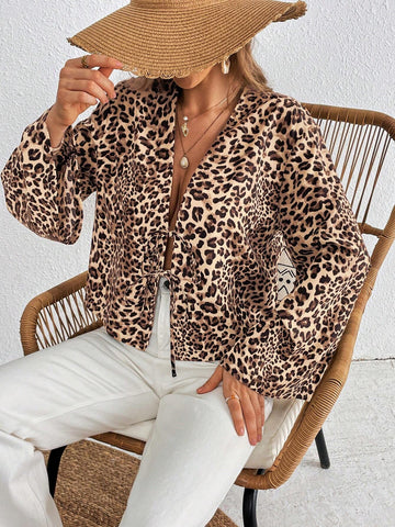 Clasi Women's Autumn Leopard Patchwork V-Neck Long Sleeve Elegant Blouse