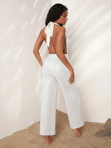 Women's Vacation Draped Neck Backless Jumpsuit