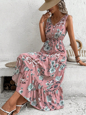 Women's Vacation Floral Button Decorated Waist-Tie V-Neck Sleeveless Long Dress