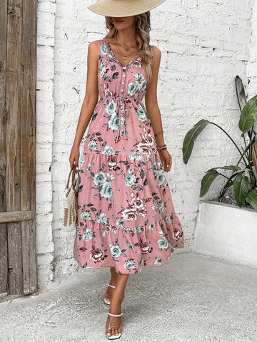 Women's Vacation Floral Button Decorated Waist-Tie V-Neck Sleeveless Long Dress