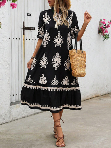 Women's Vacation Floral Print Notch V-Neck Drawstring Waist Dress