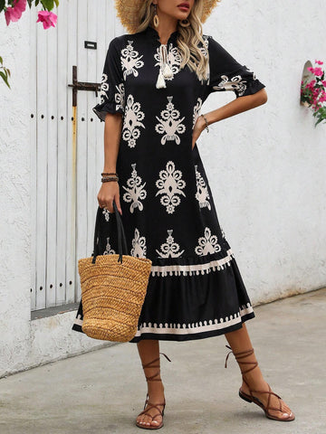 Women's Vacation Floral Print Notch V-Neck Drawstring Waist Dress