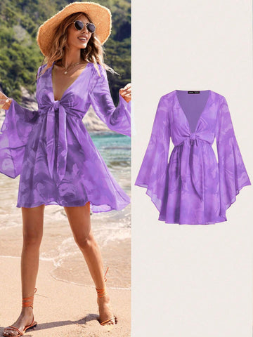 Women's Vacation Floral Printed Knot Front Bell Sleeve Dress