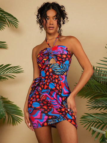 VCAY Women's Vacation Halter Floral Print Dress