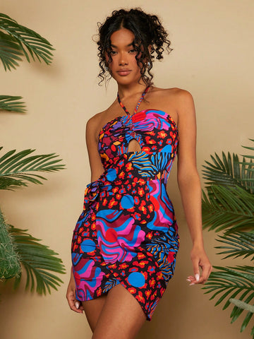 VCAY Women's Vacation Halter Floral Print Dress