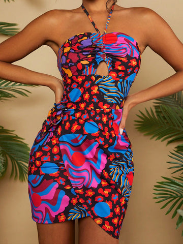 VCAY Women's Vacation Halter Floral Print Dress