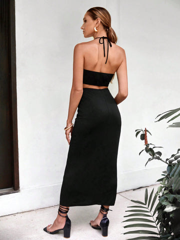 Women's Vacation Halter Neck Hollow Out Waist Summer Maxi Dress