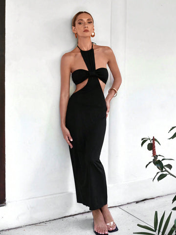 Women's Vacation Halter Neck Hollow Out Waist Summer Maxi Dress