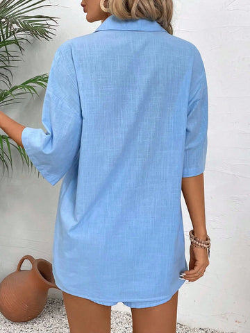 Women's Vacation Leisure Solid Color Casual Drop-Shoulder Short Sleeve Shirt And Shorts Set