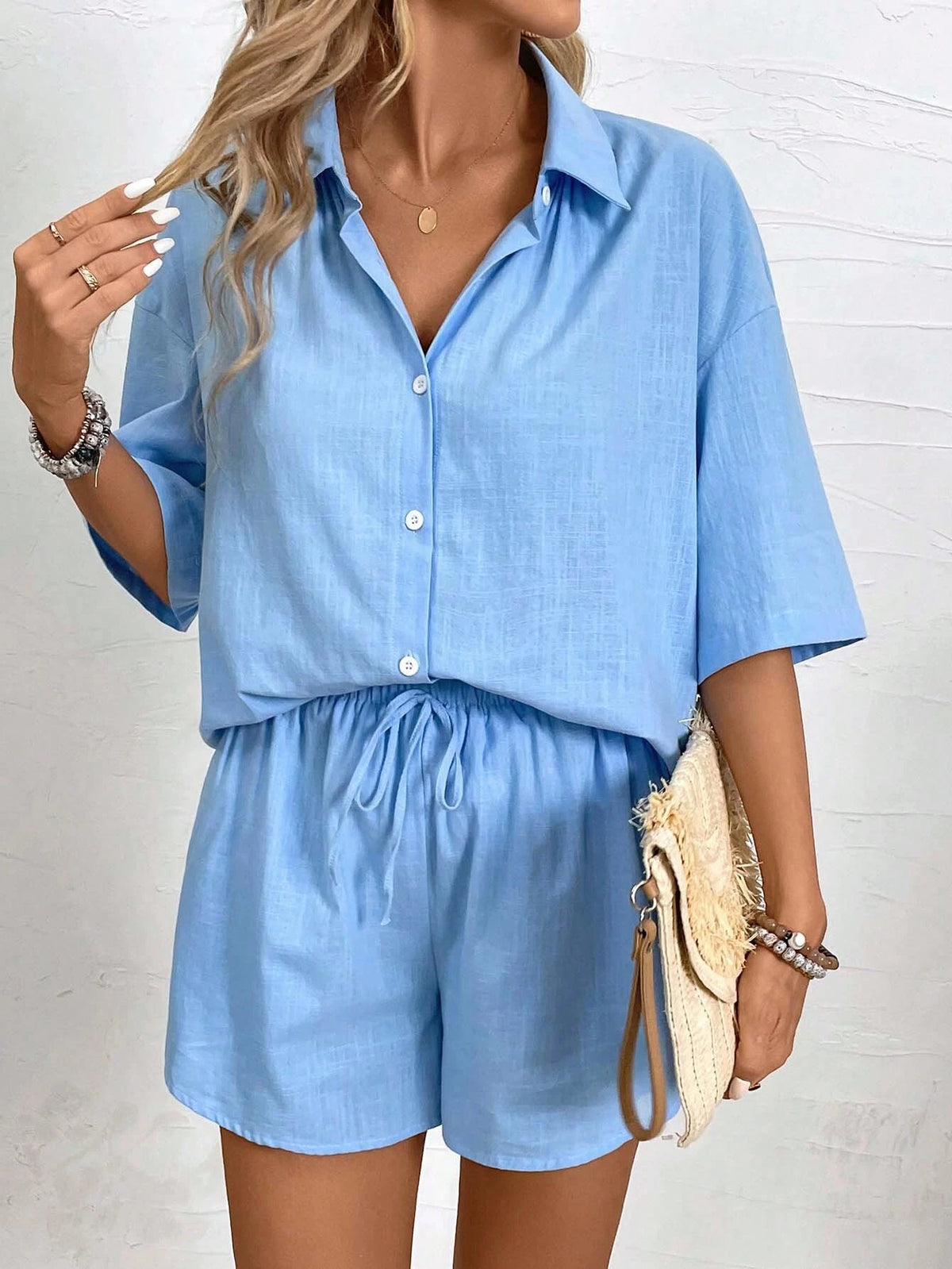 Women's Vacation Leisure Solid Color Casual Drop-Shoulder Short Sleeve Shirt And Shorts Set