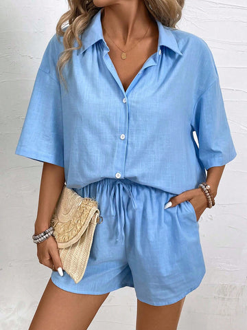 Women's Vacation Leisure Solid Color Casual Drop-Shoulder Short Sleeve Shirt And Shorts Set