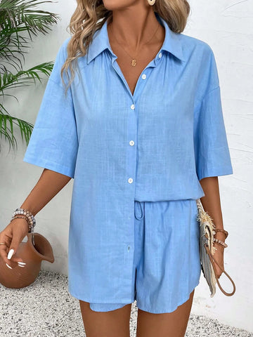 Women's Vacation Leisure Solid Color Casual Drop-Shoulder Short Sleeve Shirt And Shorts Set