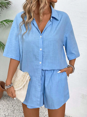 Women's Vacation Leisure Solid Color Casual Drop-Shoulder Short Sleeve Shirt And Shorts Set