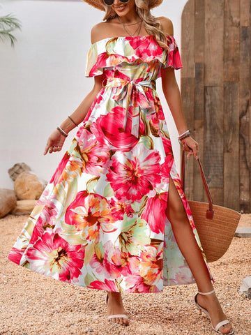 Women's Vacation Long Floral Print Dress With Ruffle Hem, Off Shoulder And Side Slit Design