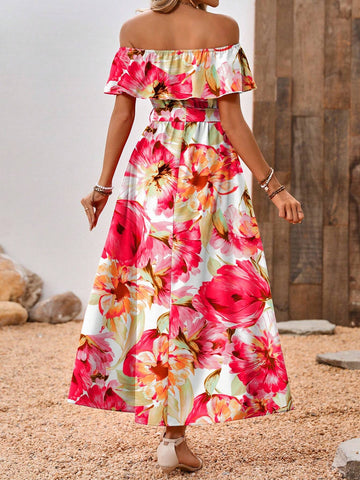 Women's Vacation Long Floral Print Dress With Ruffle Hem, Off Shoulder And Side Slit Design