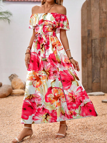Women's Vacation Long Floral Print Dress With Ruffle Hem, Off Shoulder And Side Slit Design