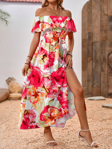 Women's Vacation Long Floral Print Dress With Ruffle Hem, Off Shoulder And Side Slit Design