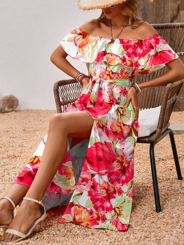 Women's Vacation Long Floral Print Dress With Ruffle Hem, Off Shoulder And Side Slit Design