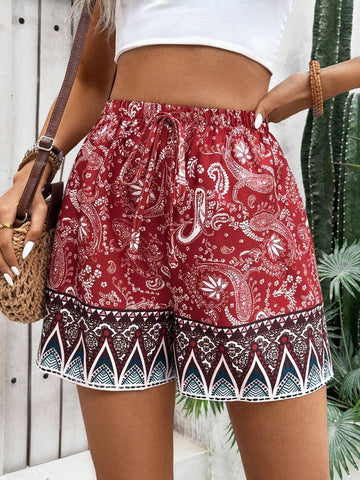 VCAY Women's Vacation Loose Shorts With Paisley Pattern And Waist Tie