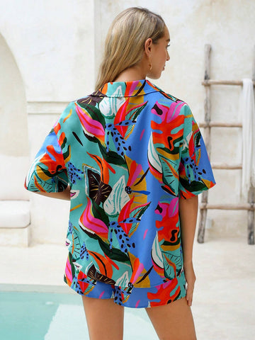 Women's Vacation Plant Print Drop Shoulder Shirt And Shorts Two Piece Set
