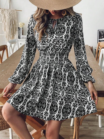 Tie Neck Lantern Sleeve Elegant Mini Dress,Autumn/Winter,Back To School For Daily Wear,Fall