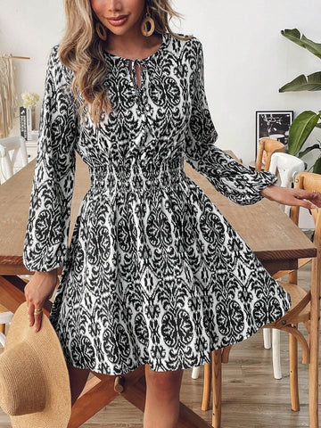 Tie Neck Lantern Sleeve Elegant Mini Dress,Autumn/Winter,Back To School For Daily Wear,Fall