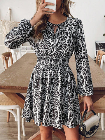 Tie Neck Lantern Sleeve Elegant Mini Dress,Autumn/Winter,Back To School For Daily Wear,Fall