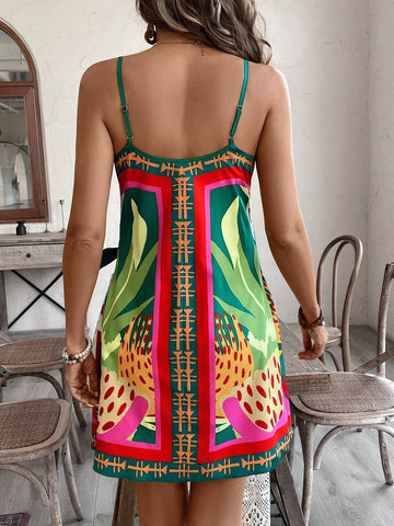 Women's Vacation Plant Print Wrap Knot Decor Casual Camisole Dress
