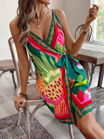 Women's Vacation Plant Print Wrap Knot Decor Casual Camisole Dress