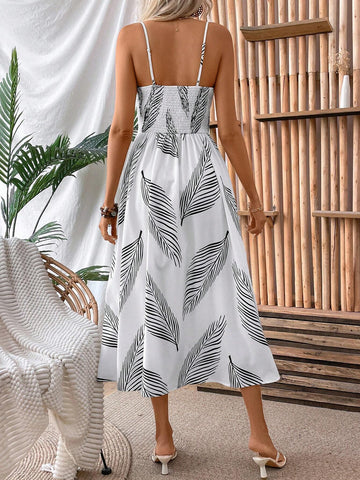 Women's Vacation Plant Printed High Slit Tie Strap Maxi Dress