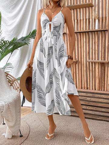 Women's Vacation Plant Printed High Slit Tie Strap Maxi Dress