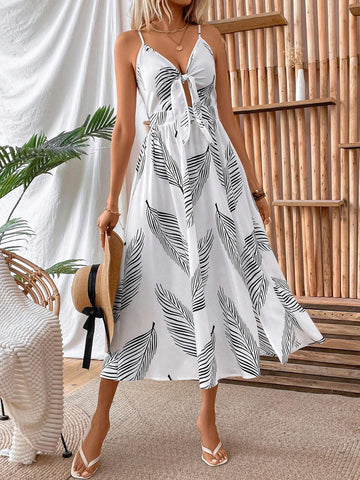 Women's Vacation Plant Printed High Slit Tie Strap Maxi Dress