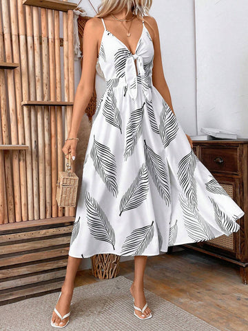 Women's Vacation Plant Printed High Slit Tie Strap Maxi Dress