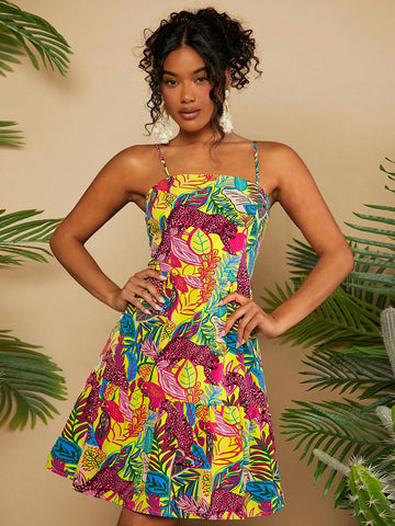 Women's Vacation Plant & Leopard Printed Spaghetti Strap Dress
