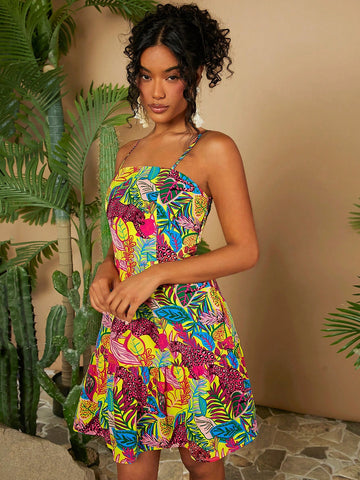 Women's Vacation Plant & Leopard Printed Spaghetti Strap Dress