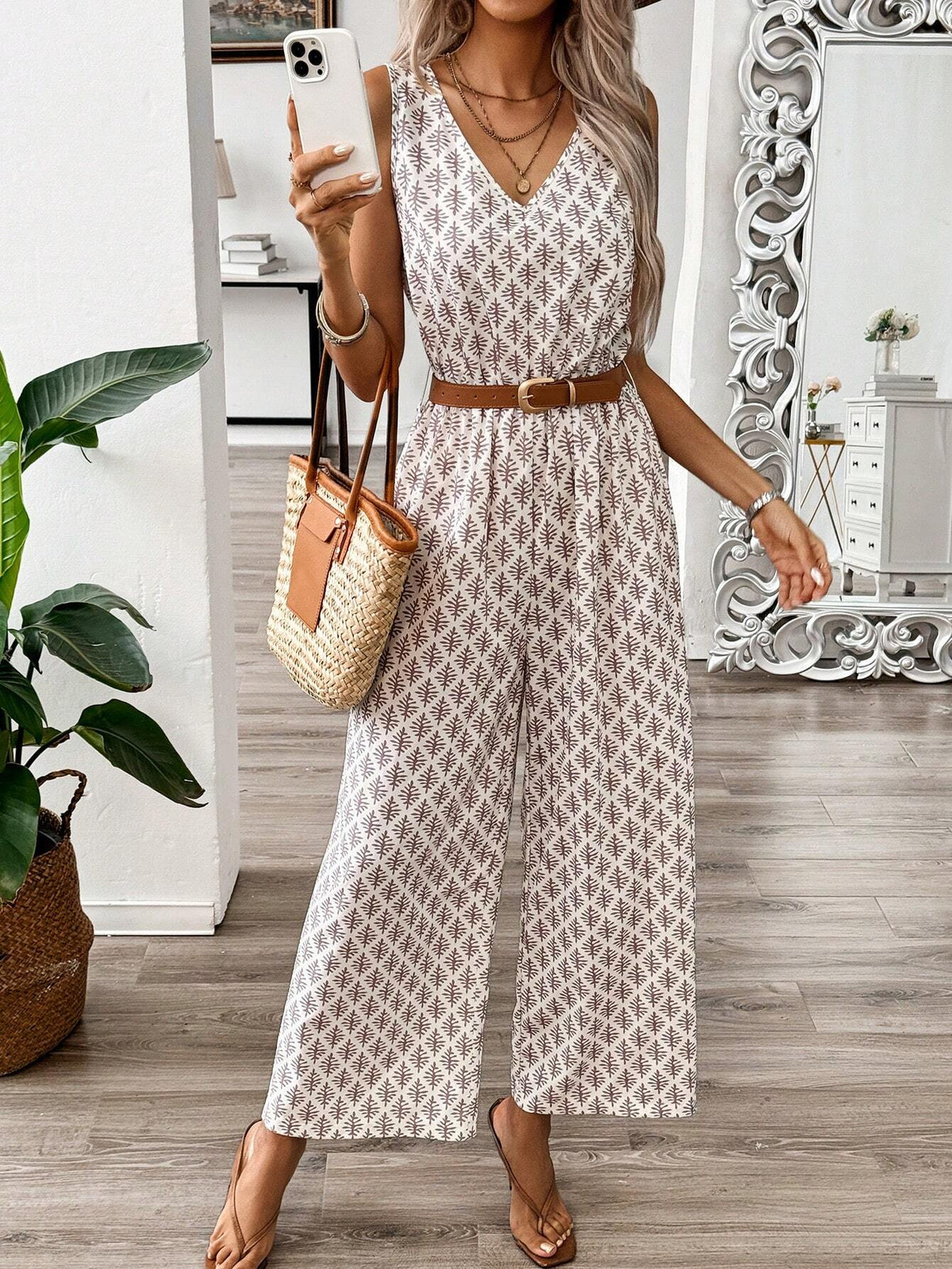 Women's Vacation Style Allover Print Sleeveless Jumpsuit