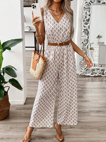 Women's Vacation Style Allover Print Sleeveless Jumpsuit