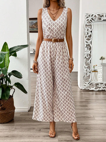 Women's Vacation Style Allover Print Sleeveless Jumpsuit