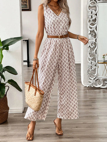 Women's Vacation Style Allover Print Sleeveless Jumpsuit