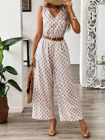Women's Vacation Style Allover Print Sleeveless Jumpsuit