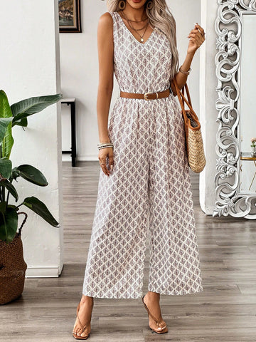 Women's Vacation Style Allover Print Sleeveless Jumpsuit