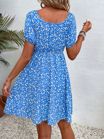 Women's Vacation Style Ditsy Floral Short Sleeve A-Line Dress With Off-Shoulder Neckline